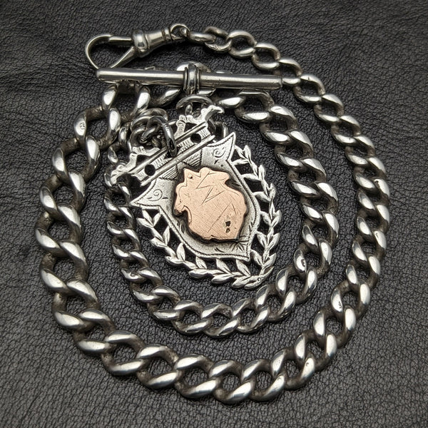 1887年頃 英国アンティーク 純銀製 アルバートチェーン 49g 純銀メダルフォブ